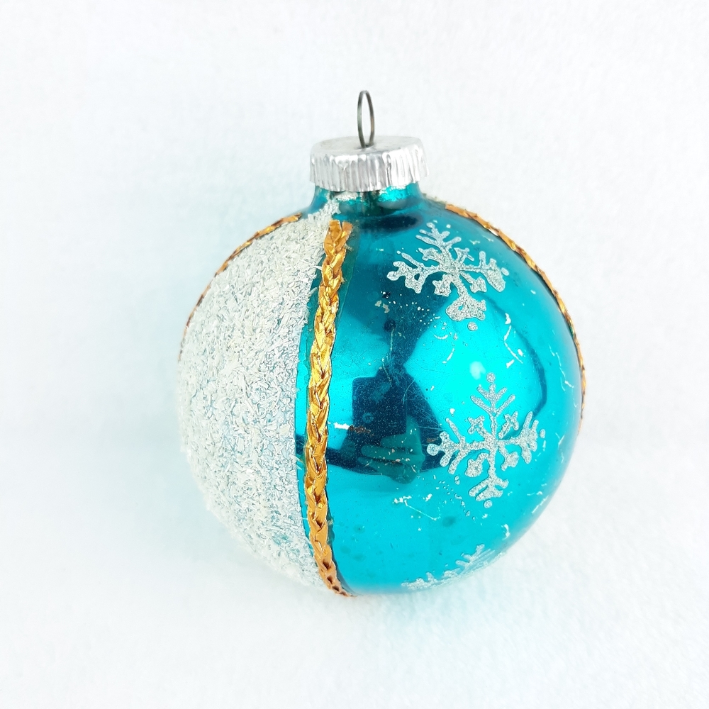 Vintage Christmas West Germany Large Glass Ball Blue Ornament Mica Glitter
